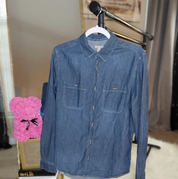 Cape Juby Womens S Blouse Chambray Blue Denim Shirt Pockets Button Up - Picture 2 of 4